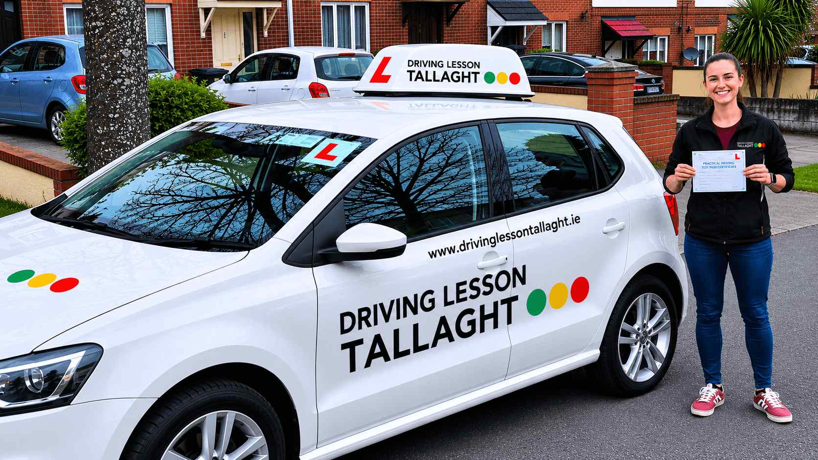 A happy learner driver passing their driving test on the first attempt at the Tallaght test centre, sitting in a car with an instructor.
